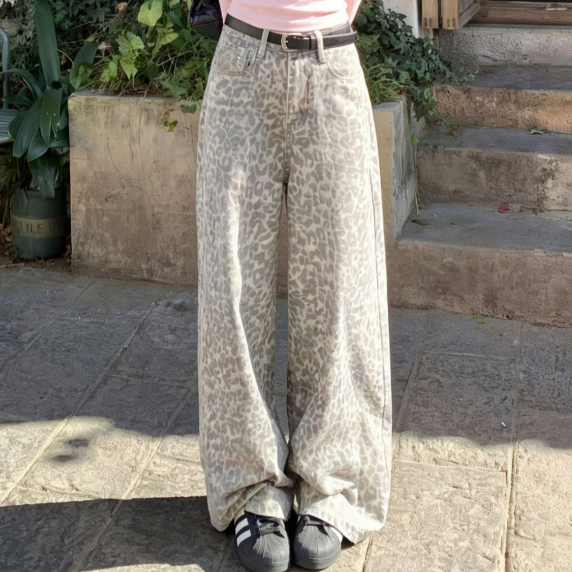Milk Coffee Leopard Print High Waist Wide Leg Denim Jeans