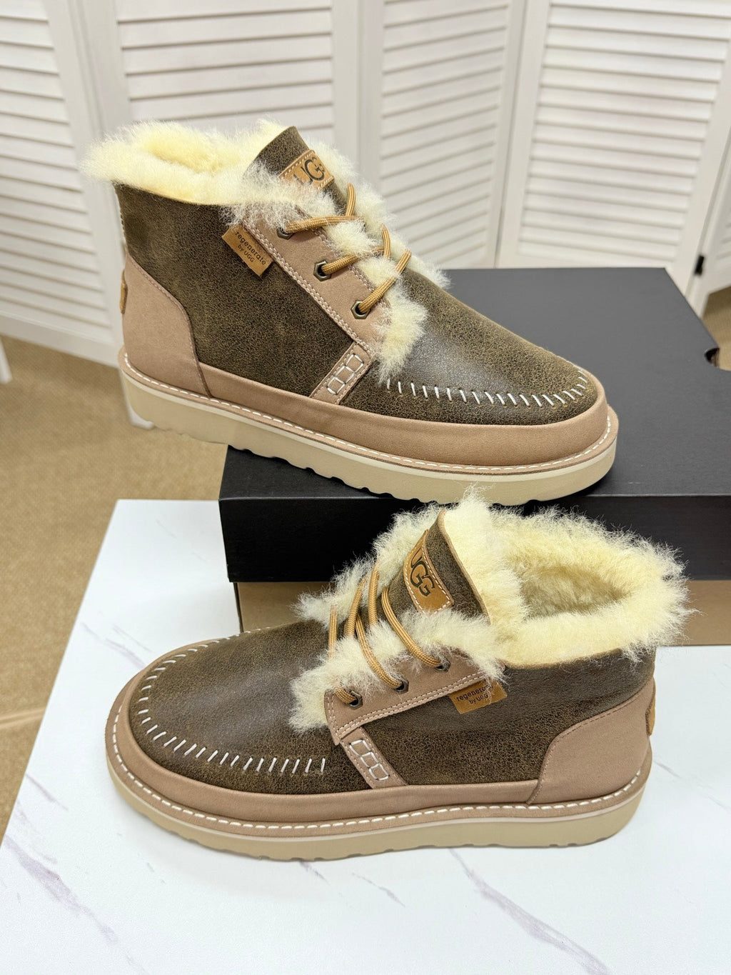 UGG Taupe Shearling-Collar Leather Boots