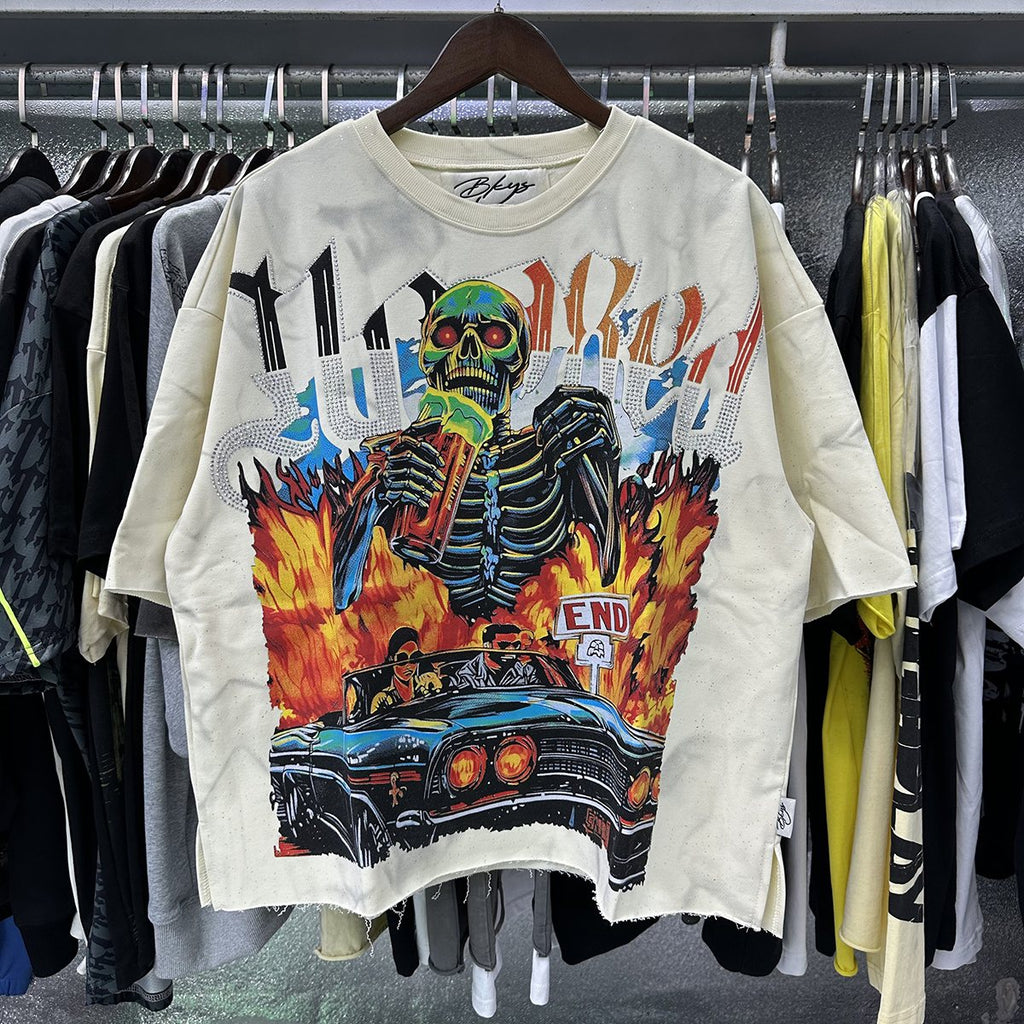 BKYS Revival Rhinestone Skeleton Car Cropped T-Shirt