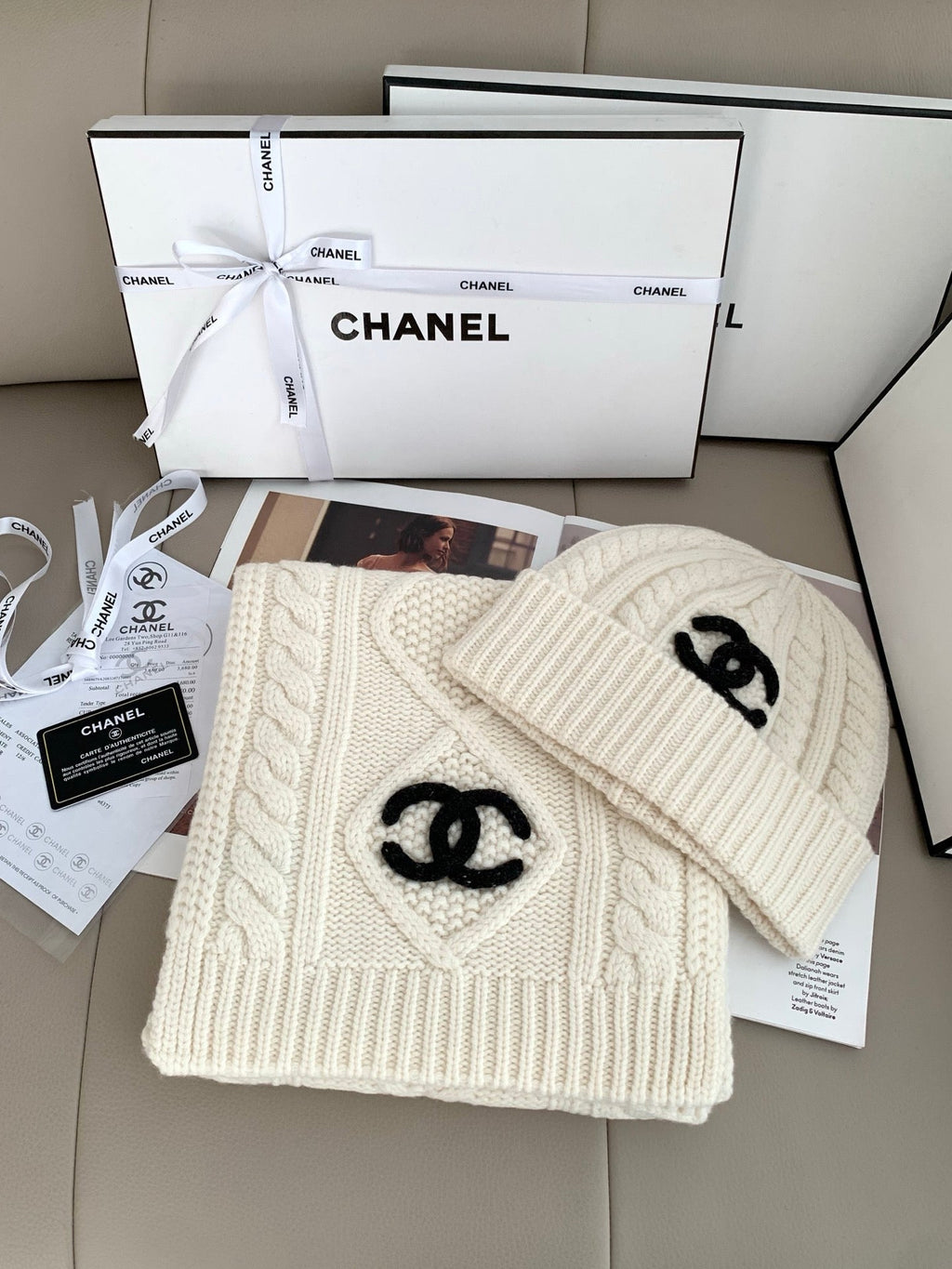 Chanel Style Rib-Knit Scarf and Beanie Set