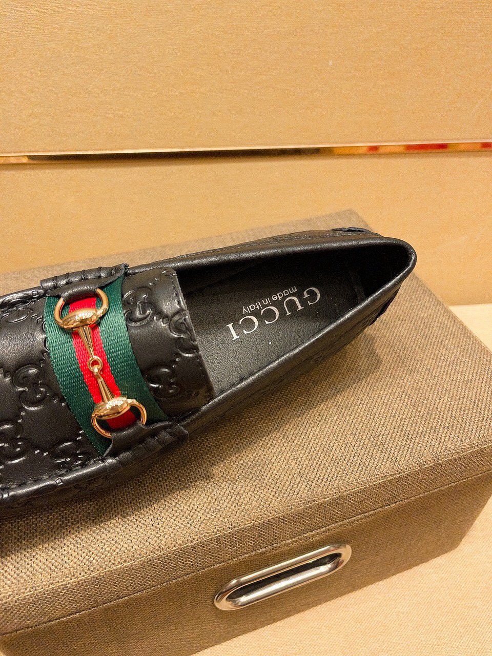 Gucci Embossed Loafers with Green and Red Band