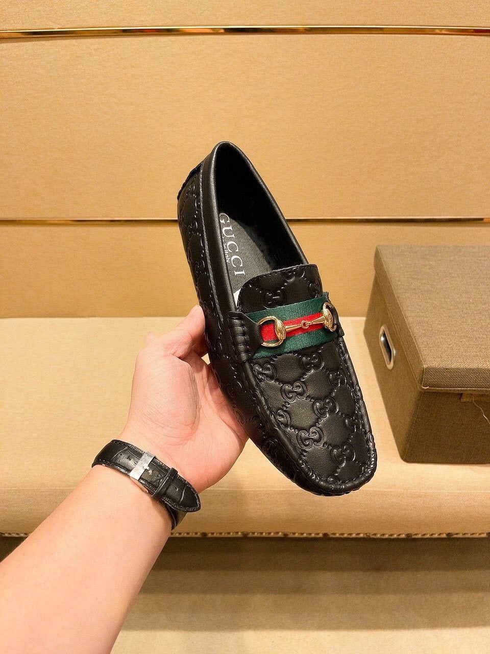 Gucci Embossed Loafers with Green and Red Band