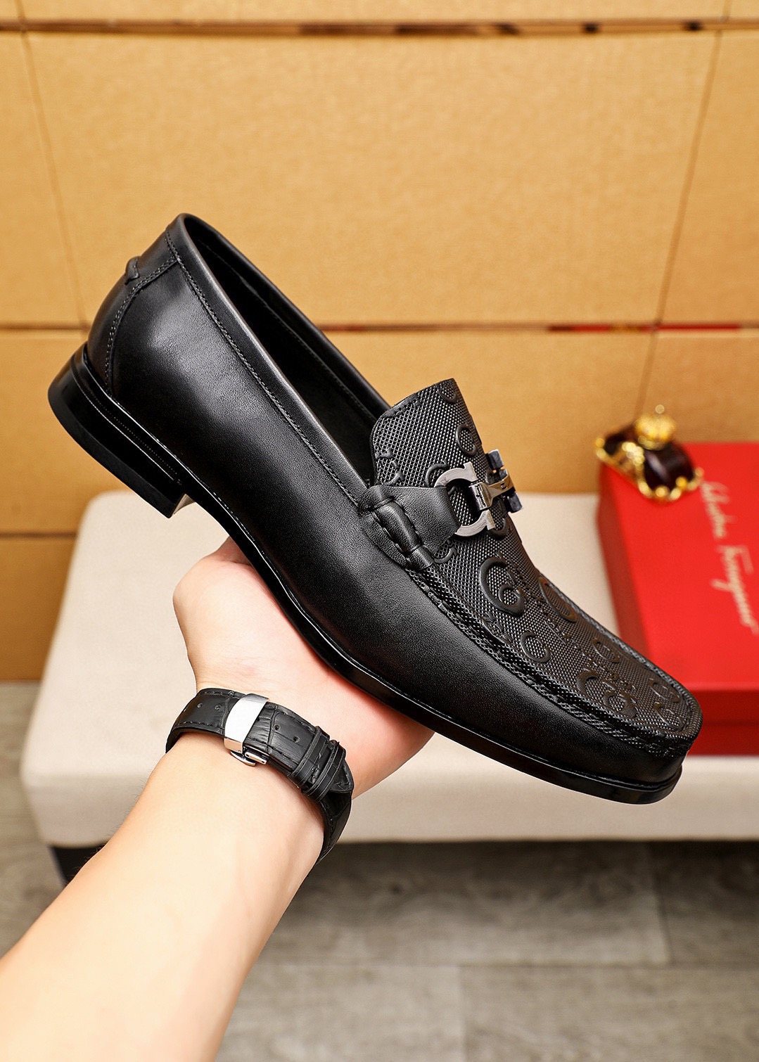 Ferragamo Men's Black Embossed Buckle Loafers - Metal Buckle Detail