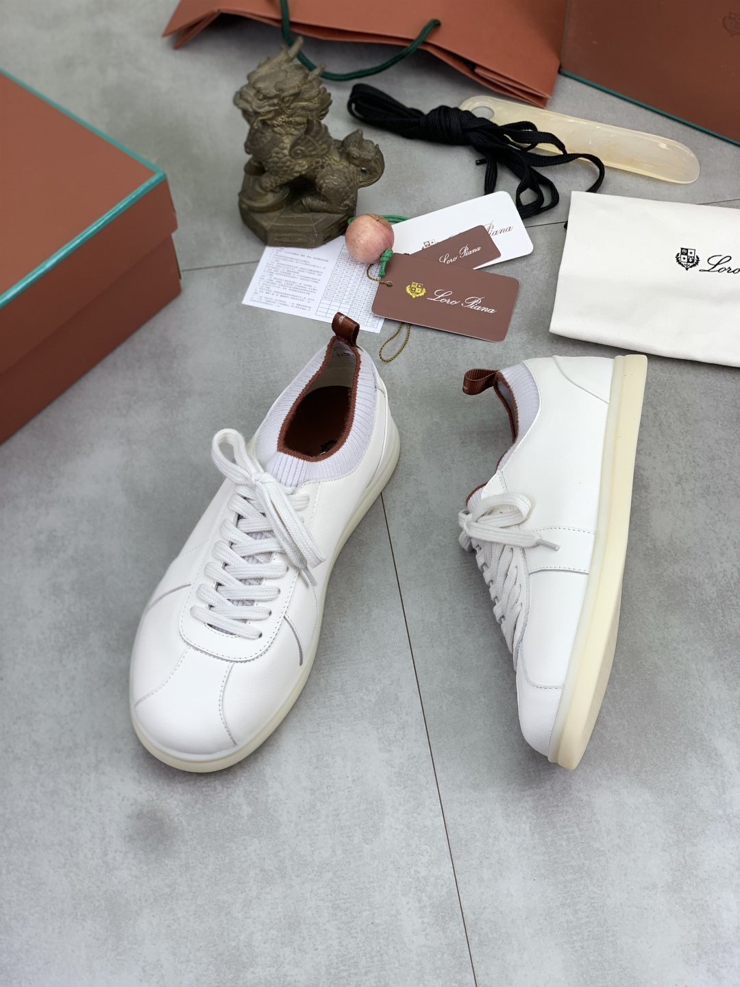 Loro Piana White Knit Leather Sneakers