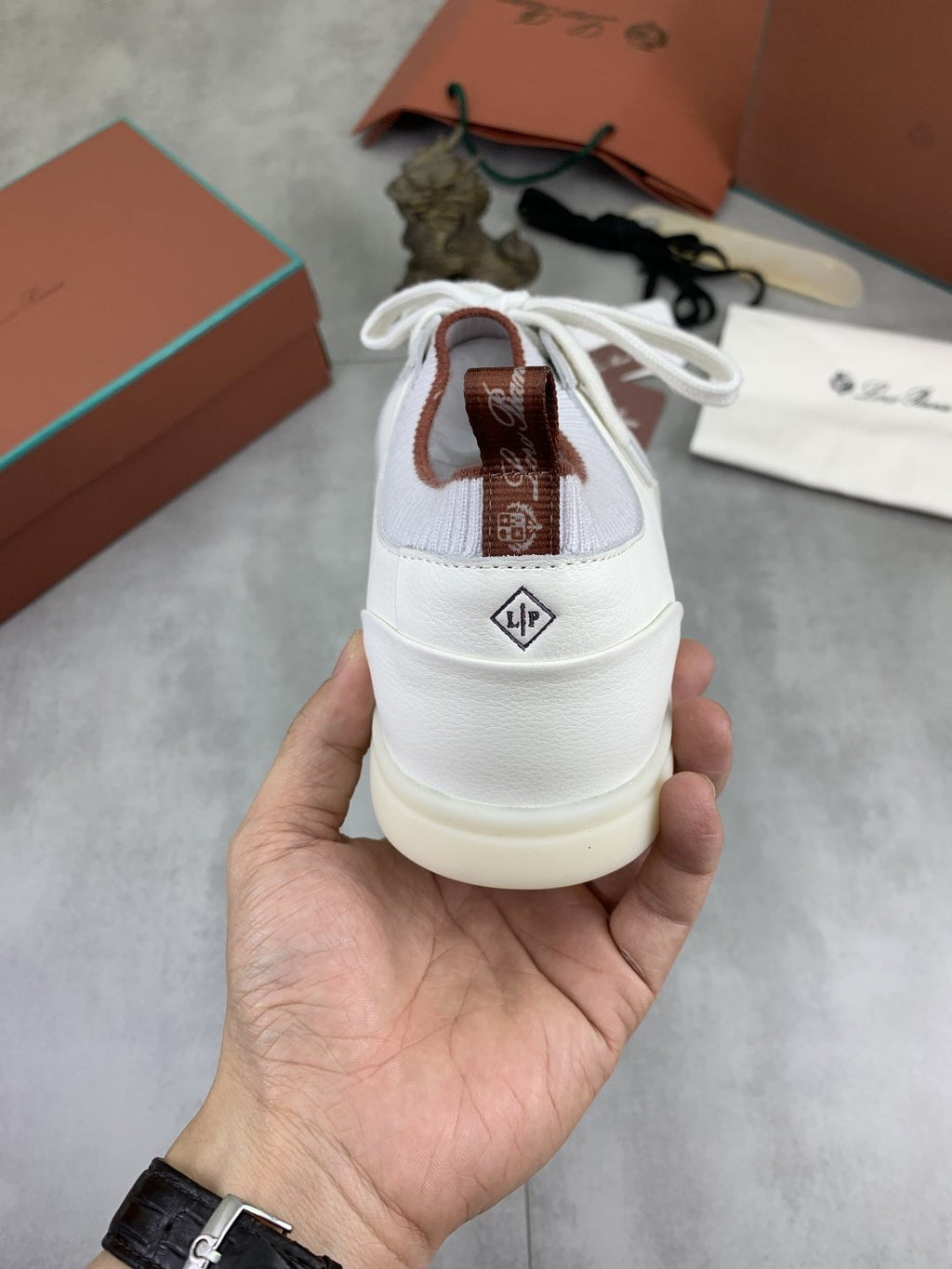 Loro Piana White Knit Leather Sneakers