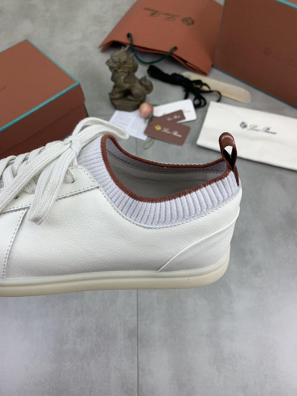 Loro Piana White Knit Leather Sneakers