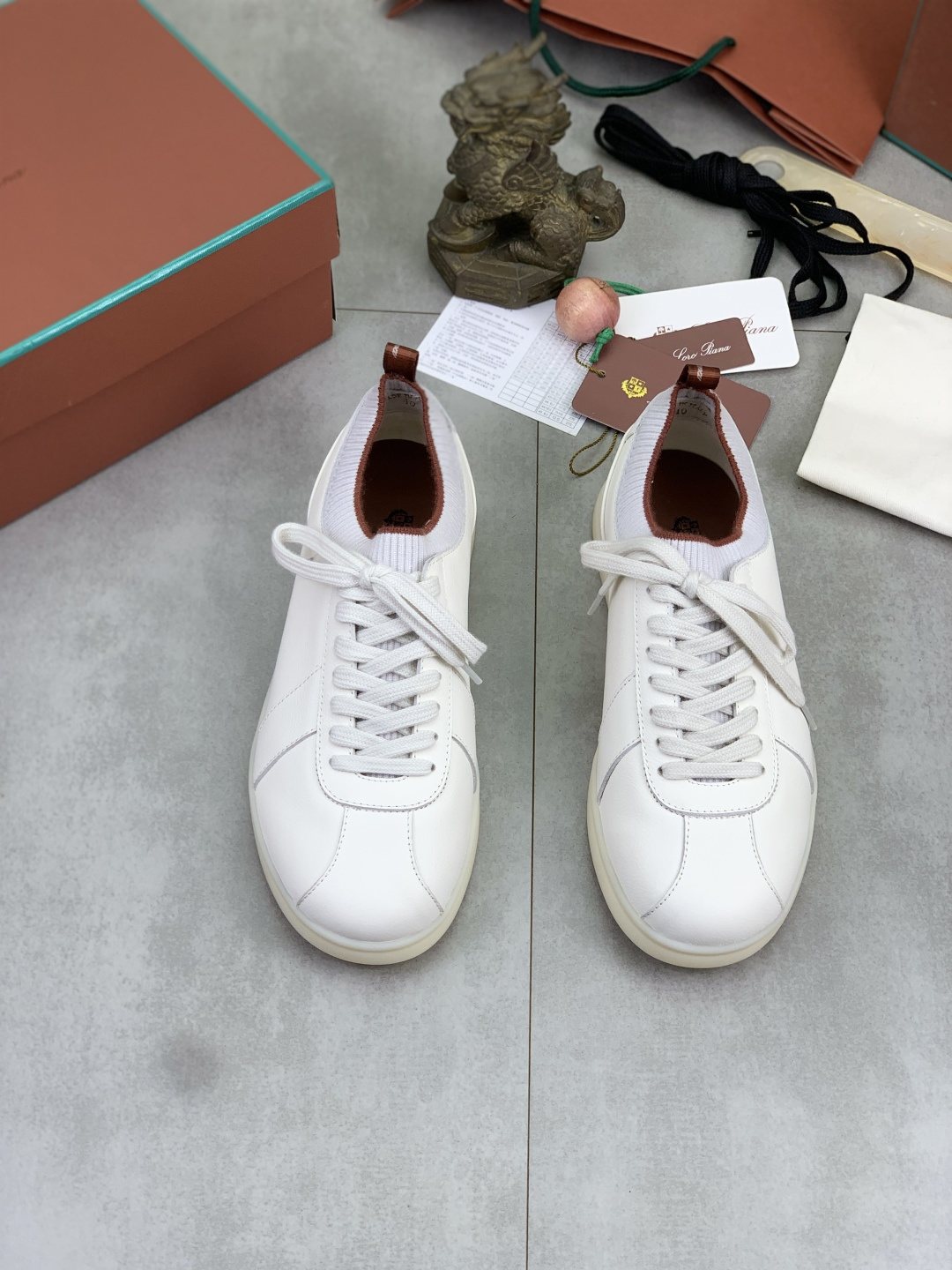 Loro Piana White Knit Leather Sneakers