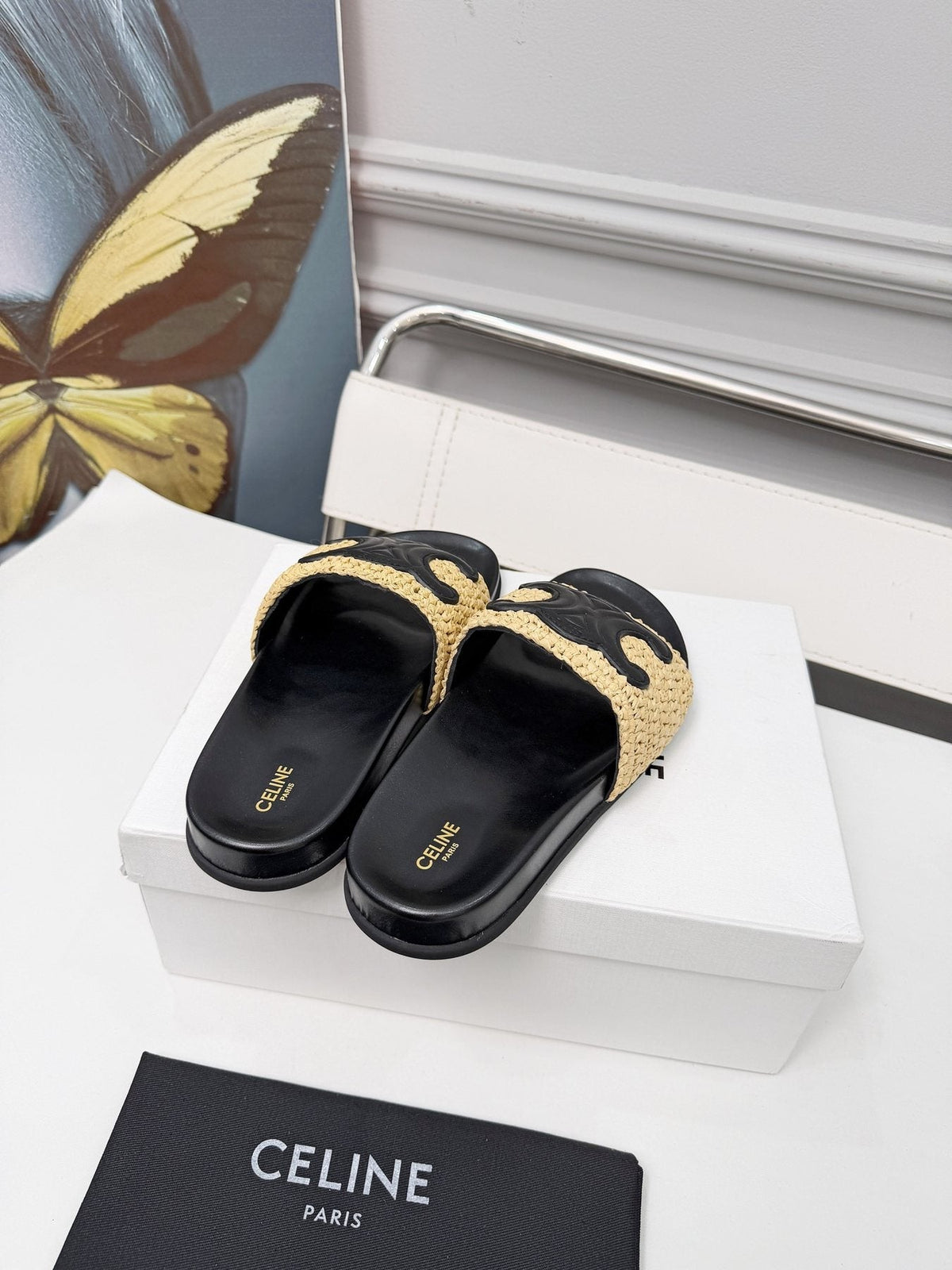 Celine Woven Emblem Slide Sandals