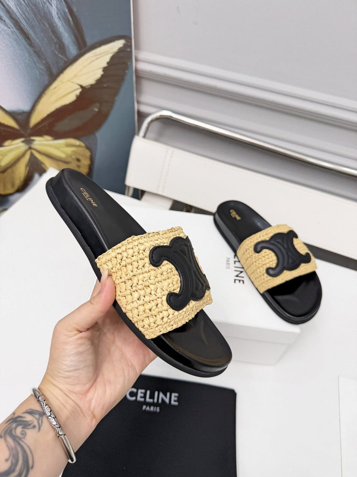 Celine Woven Emblem Slide Sandals
