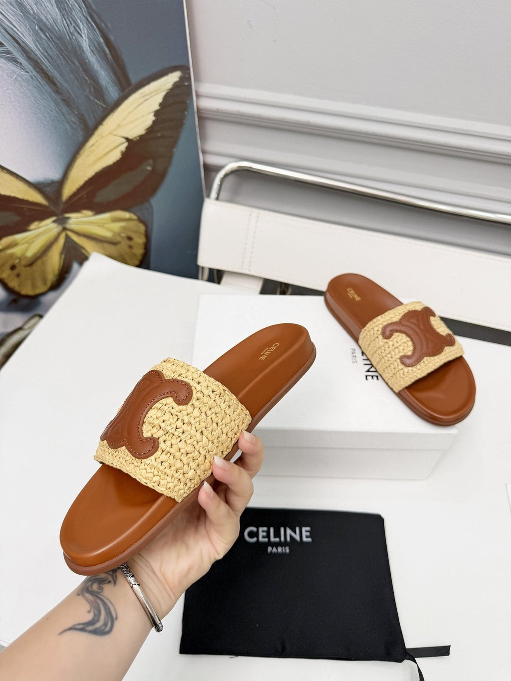 Celine Woven Emblem Slide Sandals
