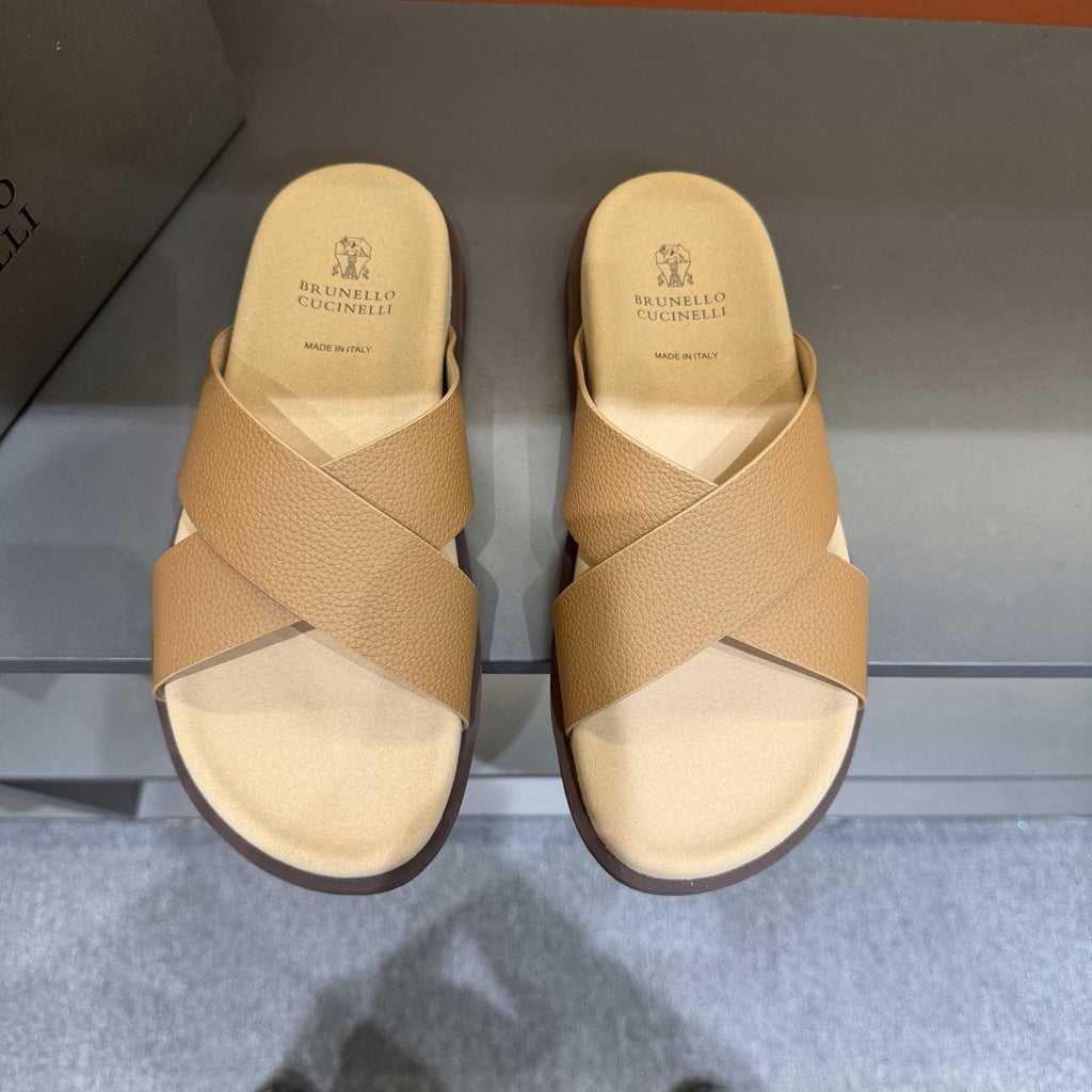 Brunello Cucinelli Men's Cross-Strap Slide Sandals - Contoured Footbed